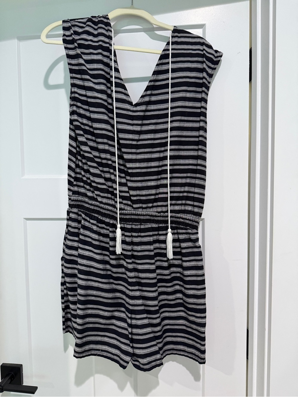 A. N. A. Striped V-Neck Sleeveless Romper with Tassel Drawstrings-Size L